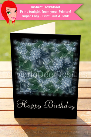 Pretty Blue Flowers Happy Birthday 5x7 Print, Cut and Fold Greeting Card {CU OK} by Marlo Patterson