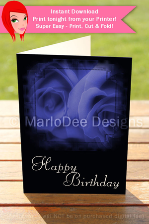 Bright Blue Roses Happy Birthday 5x7 Print, Cut and Fold Greeting Card {CU OK} by Marlo Patterson