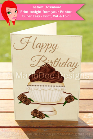 Vanilla Cupcake Happy Birthday Print, Cut and Fold 5x7 Greeting Card by Marlo Patterson