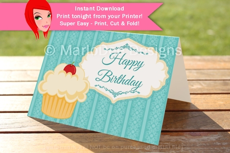 Vanilla Cupcake Happy Birthday Cut & Fold 5x7 Greeting Card d2 {CU OK} by Marlo Patterson