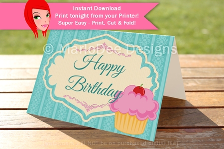 Pink Cupcake 5x7 Cut & Fold Birthday Greeting Card {CU OK} by Marlo Patterson