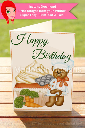 Carrot Cake Cupcake with Teddy Bear 5x7 Print Cup Fold Birthday Card by Marlo Patterson