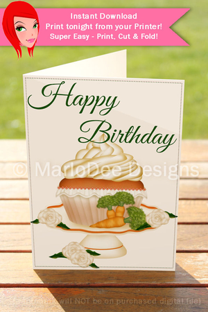Carrot Cake Cupcake Pretty 5x7 Print Cup Fold Birthday Card by Marlo Patterson