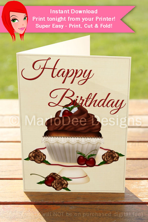 Pretty Chocolate Cupcake with Cherries 5x7 Print Cut and Fold Birthday Card by Marlo Patterson