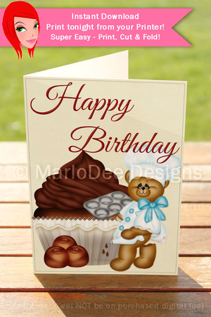Baker Teddy Bear with Chocolate Cupcake 5x7 Birthday Card by Marlo Patterson