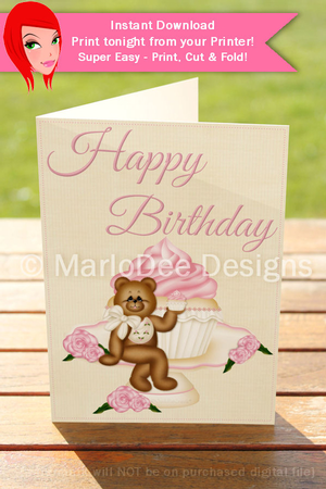 Teddy Bear with Pretty Pink Cupcake 5x7 Birthday Greeting Card by Marlo Patterson