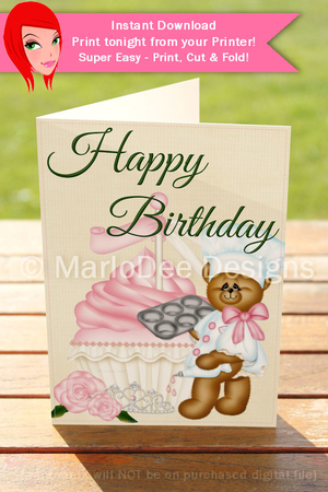 Baker Teddy Bear with Pink Cupcake 5x7 Birthday Card by Marlo Patterson