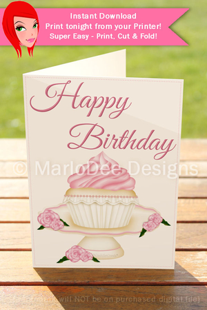 Pretty Vanilla Cupcake with Pink Frosting 5x7 Happy Birthday Card by Marlo Patterson