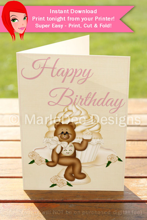 Teddy Bear with Pretty Vanilla Cupcake 5x7 Birthday Greeting Card by Marlo Patterson