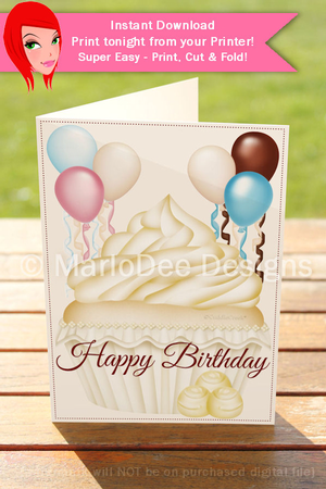 Pretty Vanilla Cupcake with Balloons 5x7 Print Cut and Fold Birthday Card by Marlo Patterson