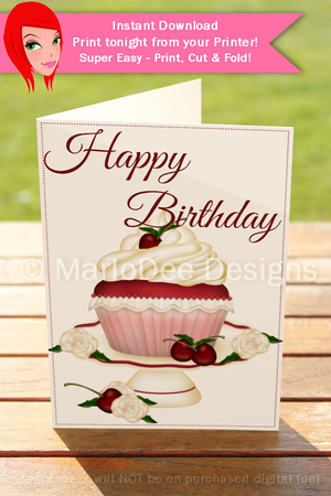 Red Velvet Cupcake 5x7 Print Cut and Fold Pretty Birthday Card by Marlo Patterson