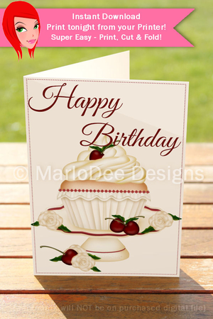 Vanilla Cupcake with Cherries Birthday Print, Cut and Fold 5x7 Greeting Card by Marlo Patterson