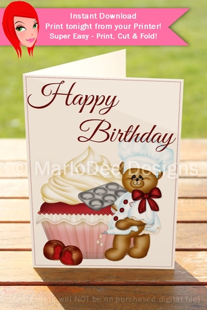 Cherry Cupcake with Baker Teddy Bear 5x7 Birthday Card by Marlo Patterson