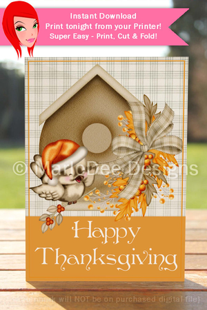 Happy Thanksgiving Bird & Birdhouse D1 Cut & Fold 5x7 Thanksgiving Card by Marlo Patterson