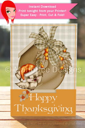 Happy Thanksgiving Bird & Birdhouse D4 Cut & Fold 5x7 Thanksgiving Card by Marlo Patterson