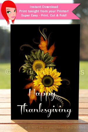 Happy Thanksgiving Green & Yellow Flowers Cut & Fold 5x7 Greeting Card by Marlo Patterson