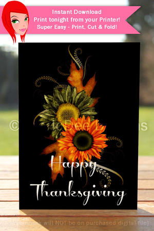 Happy Thanksgiving Green & Orange Fall Flowers Cut & Fold 5x7 Thanksgiving Card by Marlo Patterson