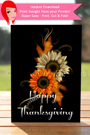 Happy Thanksgiving Tan & Orange Fall Flowers Cut & Fold 5x7 Thanksgiving Card by Marlo Patterson