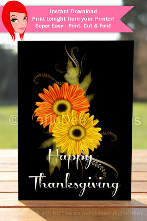 Happy Thanksgiving Orange & Yellow Fall Flowers Cut & Fold 5x7 Thanksgiving Card by Marlo Patterson