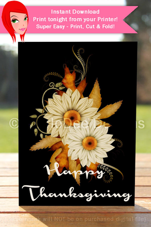 Happy Thanksgiving Tan & White Fall Flowers Cut & Fold 5x7 Thanksgiving Card by Marlo Patterson