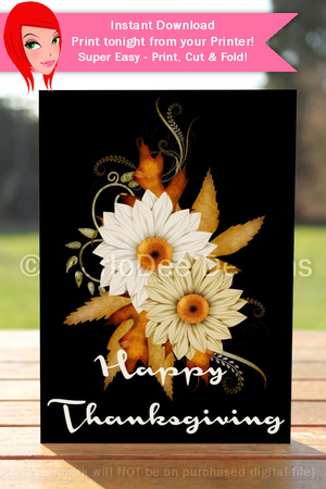 Happy Thanksgiving White & Tan Fall Flowers Cut & Fold 5x7 Thanksgiving Card by Marlo Patterson