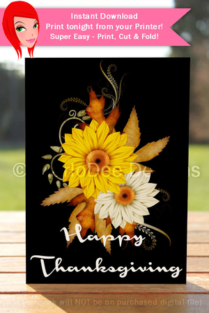 Happy Thanksgiving Yellow & Light Tan Fall Flowers Cut & Fold 5x7 Thanksgiving Card by Marlo Patterson