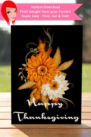 Happy Thanksgiving Orange & Light Tan Fall Flowers Cut & Fold 5x7 Thanksgiving Card by Marlo Patterson