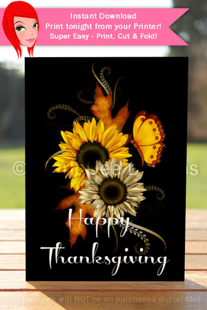 Happy Thanksgiving Sunflowers & Butterfly D1 Cut & Fold 5x7 Thanksgiving Card by Marlo Patterson