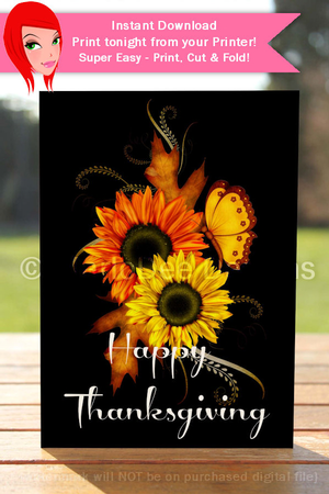 Happy Thanksgiving Sunflowers & Butterfly D2 Cut & Fold 5x7 Thanksgiving Card by Marlo Patterson