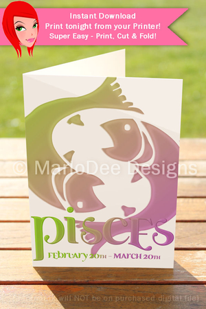 Quick Cut & Fold 5x7 Birthday Zodiac Greeting Card | Pisces Sign | design 1  by Marlo Patterson