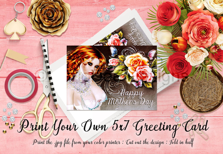 Cut & Fold 5x7 Mothers Day Card | Beautiful Red Hair Woman with Roses by Marlo Patterson