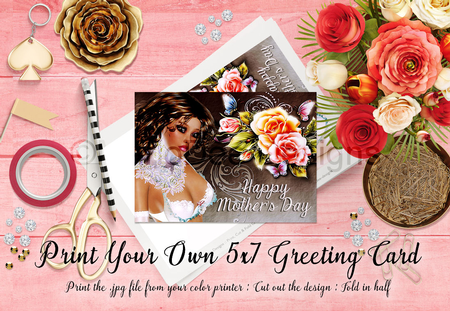 Cut & Fold 5x7 Mothers Day Card | Beautiful Brown Hair Ethnic Skin Woman with Roses by Marlo Patterson