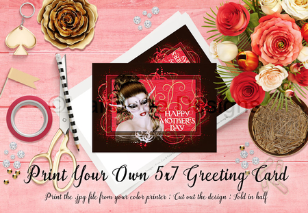 Cut & Fold 5x7 Mothers Day Fantasy Card | Brown Hair Elf on a Coral Color Background by Marlo Patterson