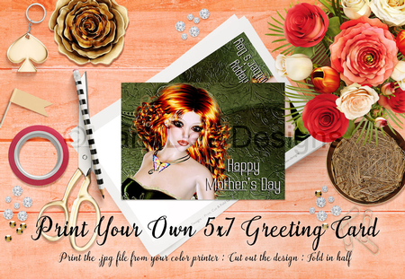 Cut & Fold 5x7 Mothers Day Fantasy Card | Beautiful Redhead Woman on Green Background by Marlo Patterson
