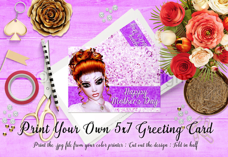 Cut & Fold 5x7 Mothers Day Fantasy Card | Pink Diamonds Red Hair Woman by Marlo Patterson