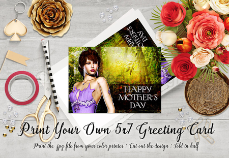 Cut & Fold 5x7 Mothers Day Fantasy Card | Brown Hair Elf in Purple Dress by Marlo Patterson