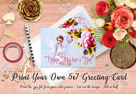 Cut & Fold 5x7 Mothers Day Fantasy Card | Red Hair Fairy with Beautiful Roses by Marlo Patterson