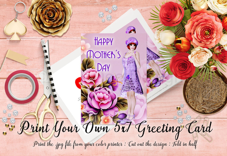 Cut & Fold 5x7 Mothers Day Fantasy Card | 1920s Flapper in a Purple Dress by Marlo Patterson