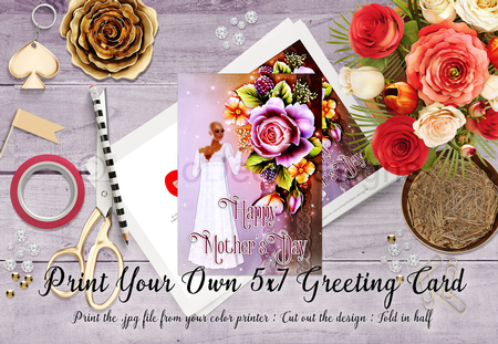 Cut & Fold 5x7 Mothers Day Fantasy Card | Victorian Rose Bald Ethnic Woman by Marlo Patterson