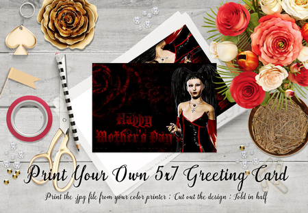 Cut & Fold 5x7 Mothers Day Fantasy Card | Gothic Girl with Dark Red Rose by Marlo Patterson