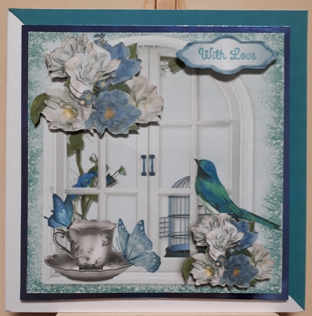 petty blue bird with butterflies and window 8x8 by Martine Smith