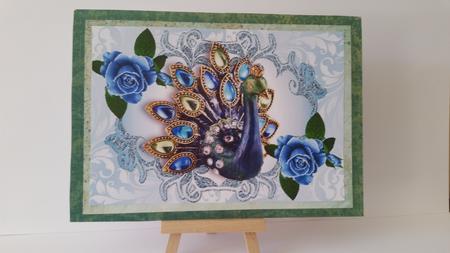 Beautiful Jewel Peacock with Painted Roses A4 by Mary Brunton