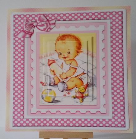 Lovely Baby Girl in Pink Ginham Pyramids 7x7 by Mary Brunton