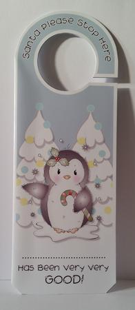 Blue Santa Stop Here Penguin Door Hanger by Mary Brunton