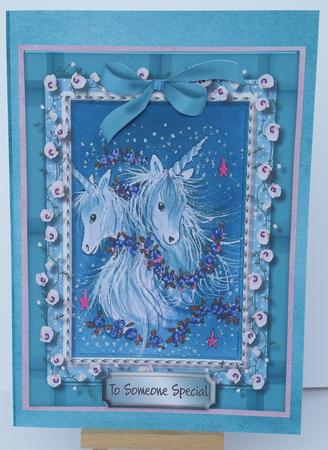 Beautiful Aqua Unicorn Card and Topper by Mary Brunton