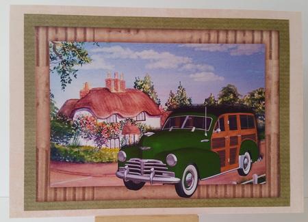 Green 1948 Vintage Woody, with Pretty Cottage A4 by Mary Brunton