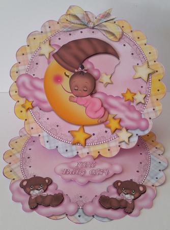 Baby Girl on the Moon Dark Skin Scalloped Round Easel Card by Mary Brunton