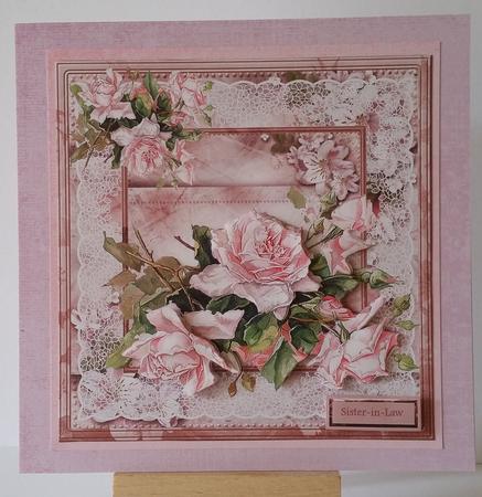 Pink Rose Spray 7x7 Card with Decoupage by Mary Brunton