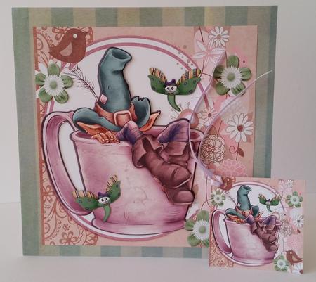 Gnome in Green Hat Taking a Nap in a Teacup 8x8 by Mary Brunton