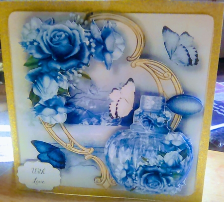 Perfume Bottle On Golden Frame - Beautiful Blue Blooms by Mary Lynn Cox